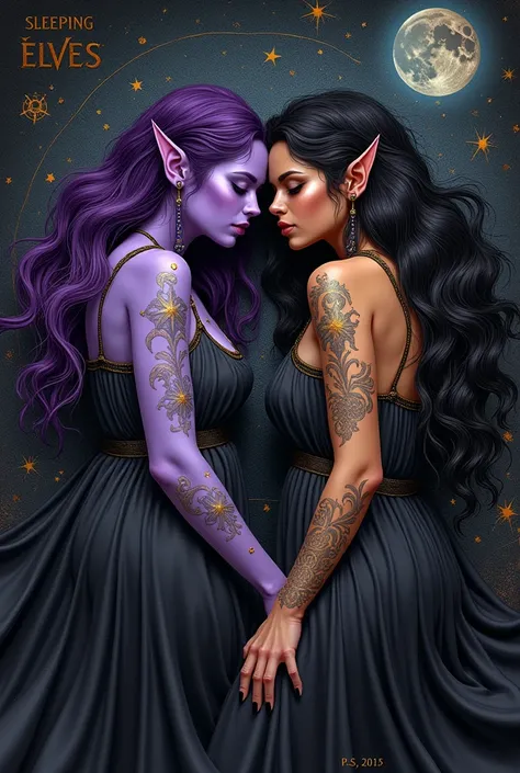 I want you to make the art for a Heavy Metal band, draw a vinyl record with and write the title on the artwork Title Sleeping Elves. Two female elves sleeping: an elf woman with purple skin purple hair is another elf woman very tall tanned brunette golden ...