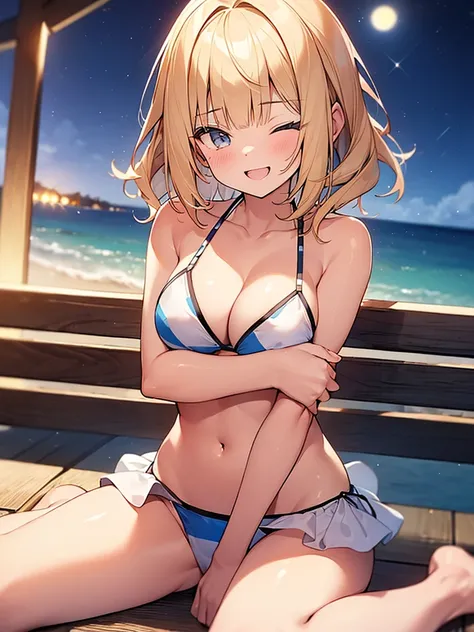 (Masterpiece, Top quality:1.5), nsfw, (at night:1.5), (1 beautiful girl, solo:1.2), sitting, wariza:1.2, (hand between legs), (object hug:1.2), (short height:1.3), (bikini:1.3), Blonde hair:1.1, medium Hair, wavy Hair, blunt bangs, silky hair ,large breast...