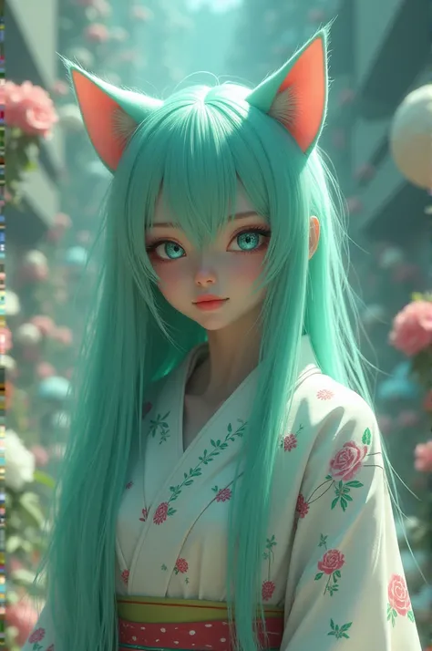 ((RAW photos), Absurd, (Absurd 해상도)), masterpiece, Best quality, (Highly detailed 8k Unity CG wallpaper), (Best illustration), (The best shadow), Beautiful and detailed shine, ((2)), girl, long mint hair, 고양이 girl, kimono, (((Her photographic perspective))...