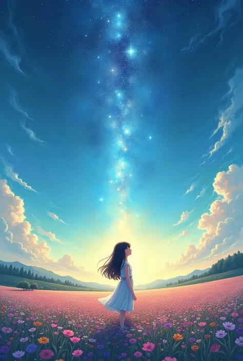 There is a girl standing in a flower field looking up at the sky, a girl standing in a flower field, a girl walking in a flower field, lost in a dreamy wonderland, standing in a flower field, fantastic digital painting, the sky gradually clears, the starry...