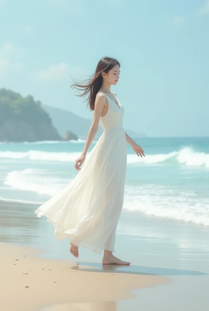 A girl wearing a white dress walking in the beach 