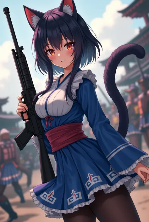 Please draw me an anime of a cat girl Japanese shrine maiden。Please draw the background as the Battle of Sekigahara.。Holding a machine gun。Please wear a mini skirt and black pantyhose.。Please draw her tall and in a model-like style.。Please draw me with bea...