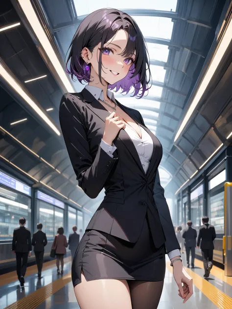 (masterpiece, best quality, very aesthetic, absurdres, newest), 1girl, perfect body, anatomically correct, 

2, Glossy smooth hair, black hair, (short bob, center part, center parted bangs, short nape, trimmed ends), (purple eyes:1.2), beautiful lawyer, pr...