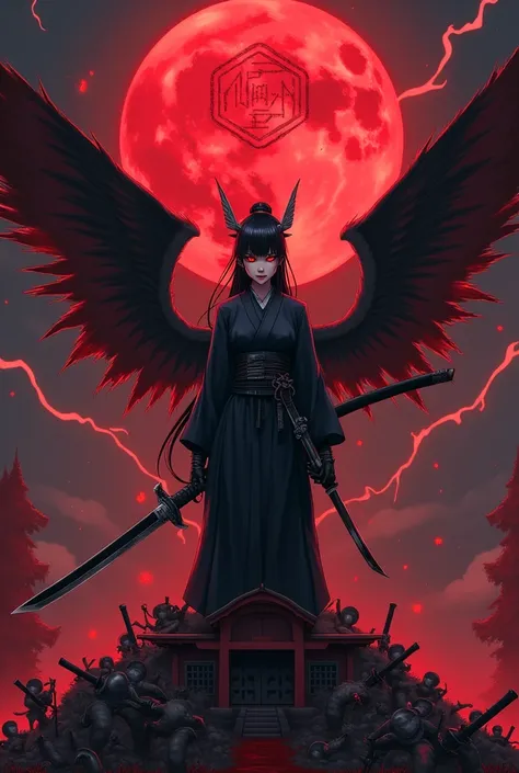 lack, red and bloody, close-up of a beautiful woman, samurai with demonic wings, long Japanese ponytail, red eyes, samurai mask and dark expression floating in a blood moon night, with blood-stained katana, not in right hand, pointing slightly down and to ...