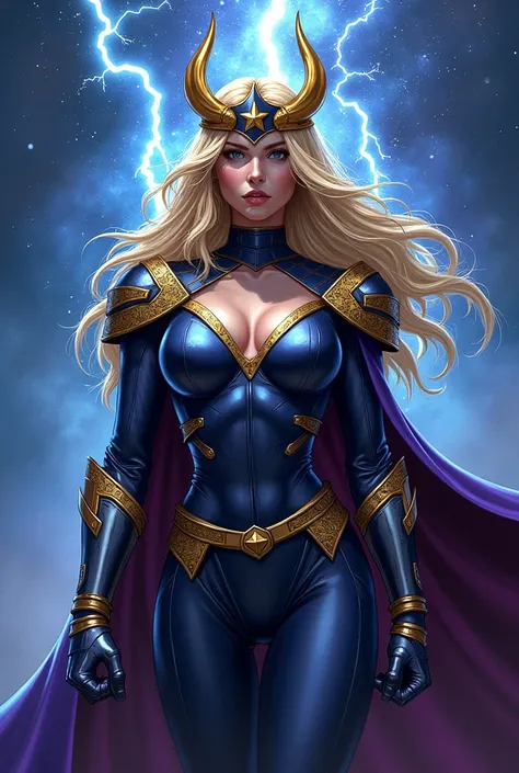 1woman, digital illustration of thundra, the asgardian hero, standing confidently in her dark blue/purple armor with gold trim inspired by jack kirby's designs. blonde hair. capture the essence of her power as she commands thunder and lightning, with her c