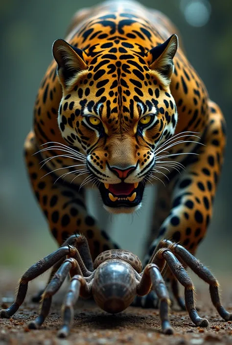 "Create two separate images, one of a jaguar and one of a tarantula, both with a menacing, predatory appearance. The jaguar should be low to the ground, muscles tense, its sharp claws extended, and its piercing eyes locked onto its prey, ready to pounce. I...