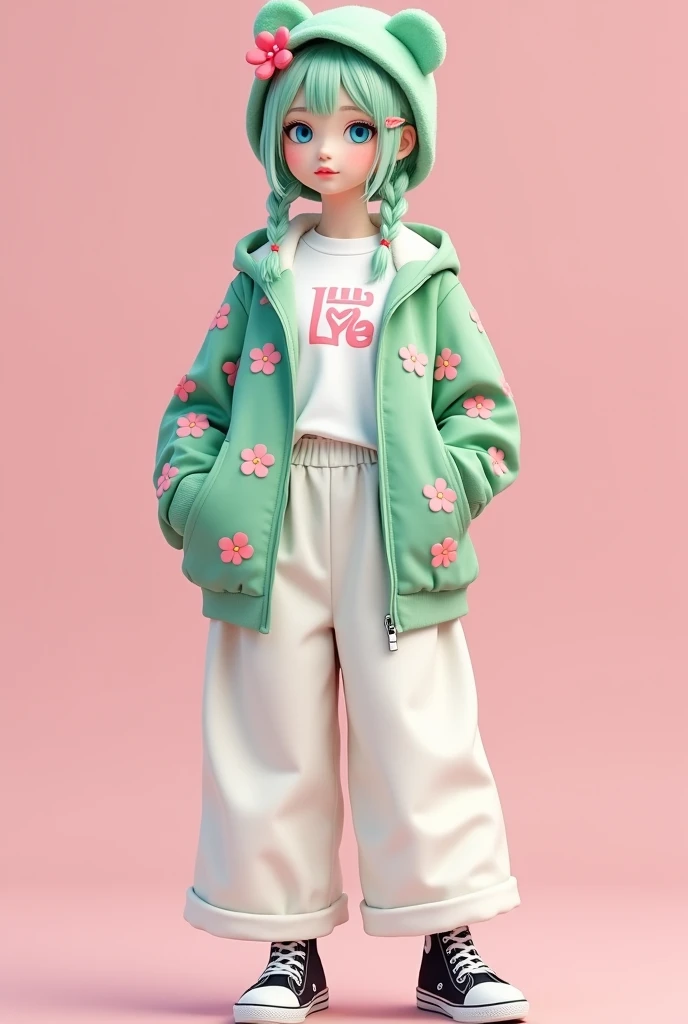 ((solo)) Woman ((22-years)). She has a pastel green hair, braid cut, blue eyes, cute face. She wears a white pronted t-shirt ((print = writed love), white wide pants and a green jaquet printed with pink flowers, with a black sneakers. She has a pink flower...