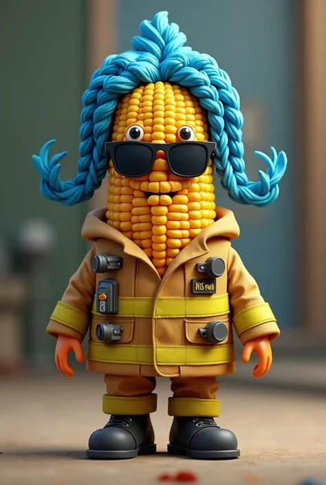 A corncob with blue braids wearing a firefighter&#39;s suit and sunglasses 