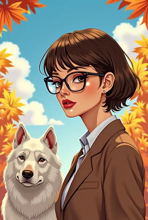 A stylish and intelligent woman、Short Hair、Brown Hair、Thick-rimmed glasses、The background is autumn leaves and a blue sky with white clouds.、with white dog、
