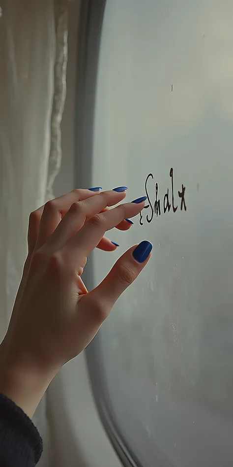 Tirada forum in a car with fogged windows , a female hand with blue nails writing on the glass