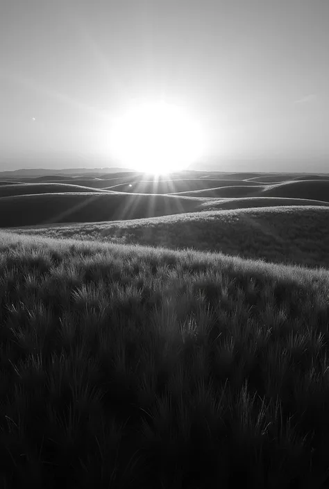 Make a unique tourist attraction like sunset in a grass wide area and only black and white color