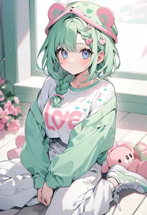 ((solo)) Woman ((22-years)). She has a pastel green hair, braid cut, blue eyes, cute face. She wears a white pronted t-shirt ((print = writed love), white wide pants and a green jaquet printed with pink flowers, with a black sneakers. She has a pink flower...