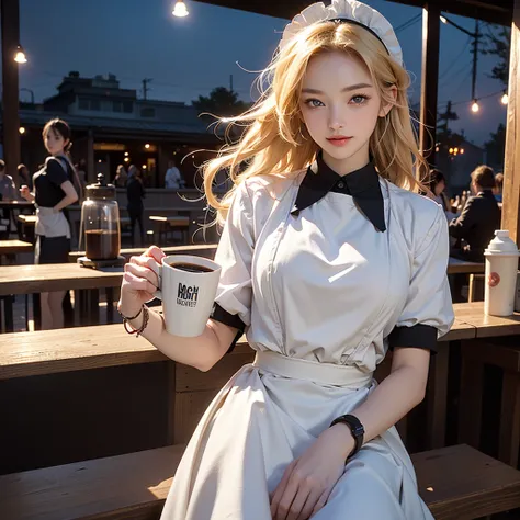 最high quality、Best image quality、Masterpiece、With a girl((1、Maid uniform open、Best Bust、Bust 85、Blonde、Long Hair、blue eyes、Open your chest wide、valley、happiness、Black wristband on wrist、Slender、耳Nipple Ring、The wind blows,holding a coffee cup、Close to the ...