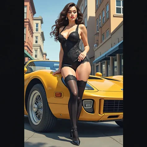 Pin-up style picture like Gil Elvgren, girl like Monica Bellucci with curly bob hair, girl in black lace mini-skirt, black lace bustier, perfect body, long legs in shiny black stockings, wearing artisan high heels, standing next to a bumblebee sports car, ...