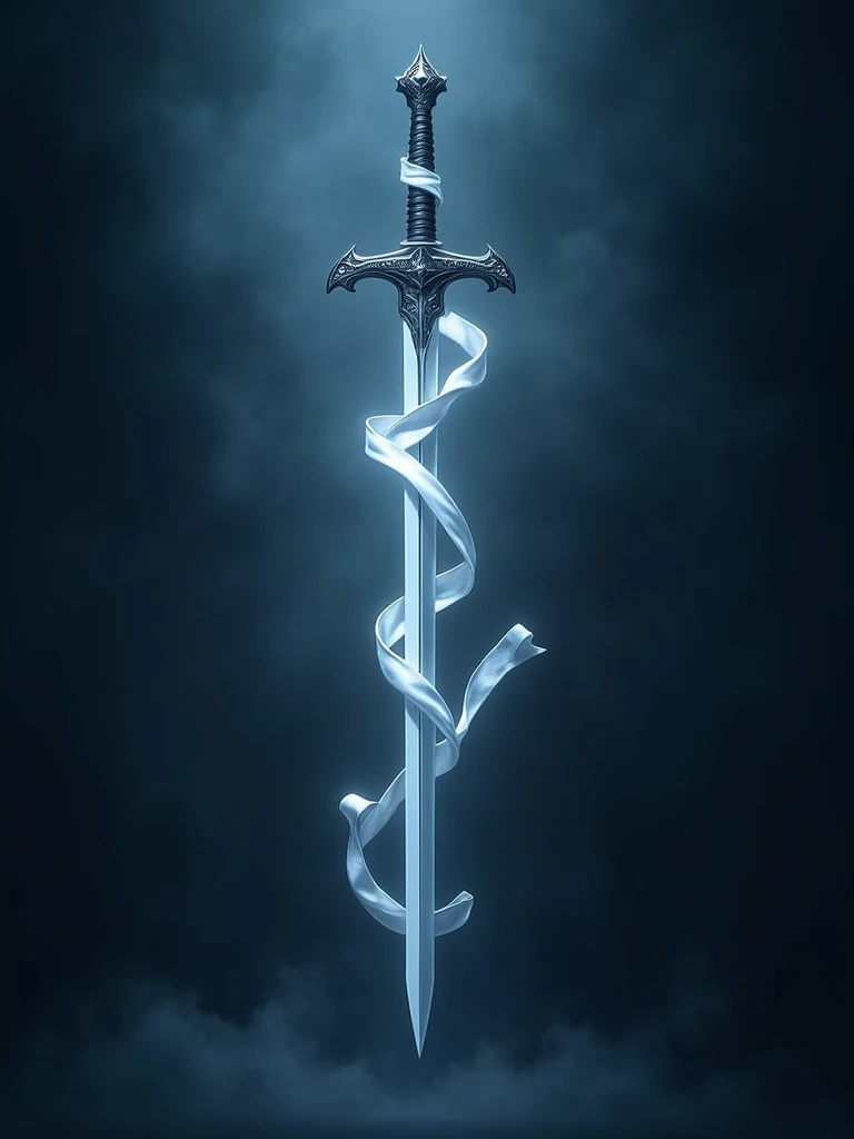 Bright metal sword with white wicked and long curb -shaped satin ribbon tied to white. Smoky dark blue background