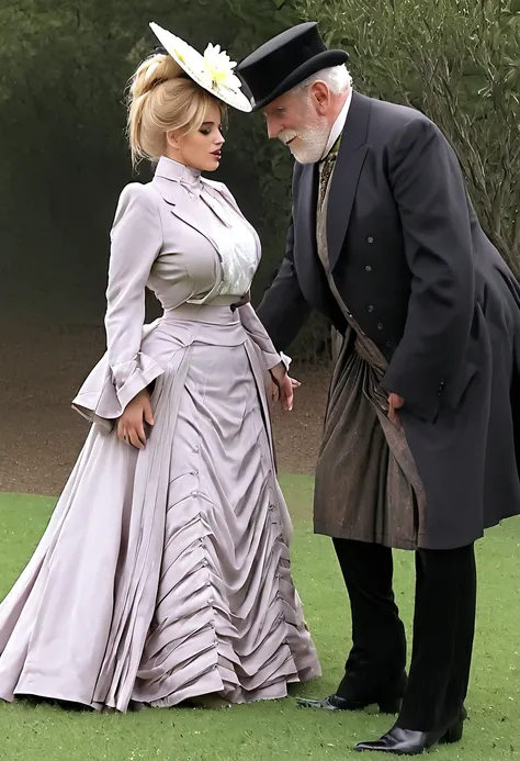 a gorgeous well-endowed 14yo blonde gibson girl bimbo (((fondled by a large horny 69yo gentleman:1.5))) in a park. year 1902. ((...