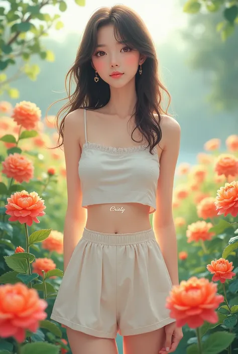 A girl,wearing a white croptop and short. In flower bloom in South Korea with the fonts name cristy