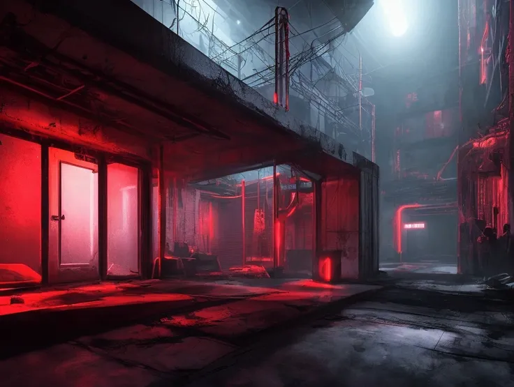 dimly lit, abstract environment, neon red glow,  eerie atmosphere, dark tones, shadowy background, nighttime setting, urban elements, low light intensity, surreal and mysterious feel, dreamy and futuristic ambiance, high contrast lighting