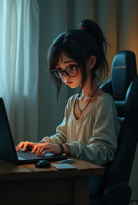 a girl with glasses working oh her laptop wearing ragged clothes, messy hair, dark eyebags, sittingnon a gaming chair with one leg is on the top the chair