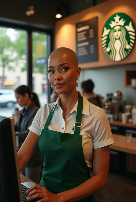 Draw bald Niki Minaj who works in Starbucks cash register 