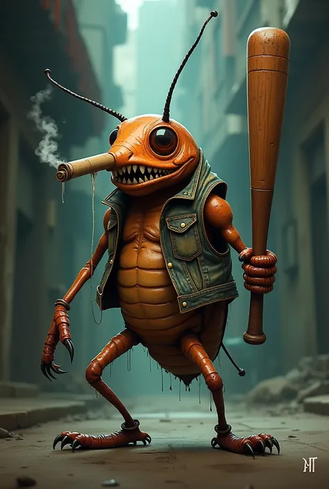 A cockroach standing up, holding a beseball bat, wearing a vest, Smoking a cigarette 
