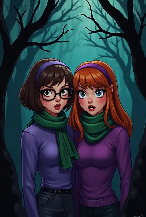 velma (velma short hair, mop hairstyle no hairband), and, her friend, Daphne, (she has big 60s style long orange brown hair with a purple hairband), and a purple sweater and green scarf, velma has thick glasses, daphne no glasses, both are very pretty, goo...