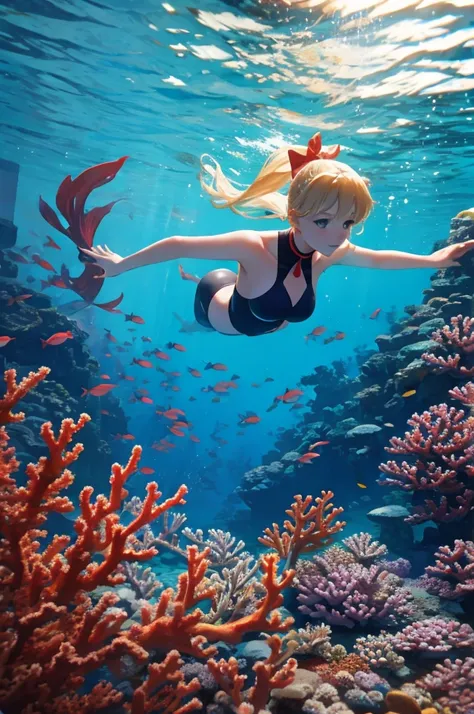 serene underwater scene for vibrant photorealistic coral reef video background。a beautiful woman with blonde hair and a big red ...