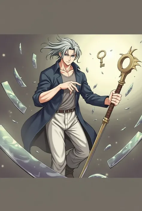 adult,man,anime,gray hair, sickle, glass sheet,take the key,standing,flying