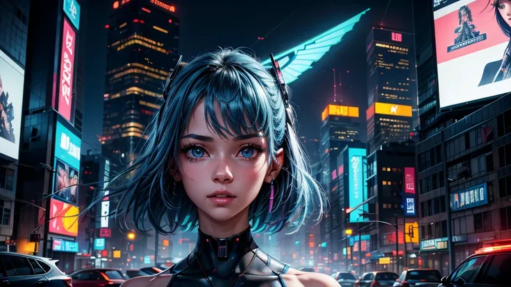 detailed face, young woman, by the blue, on the roof of a building, in cyberpunk city, flying cars in the sky, Neon lights and futuristic billboards, humans in futuristic clothes walking around, 