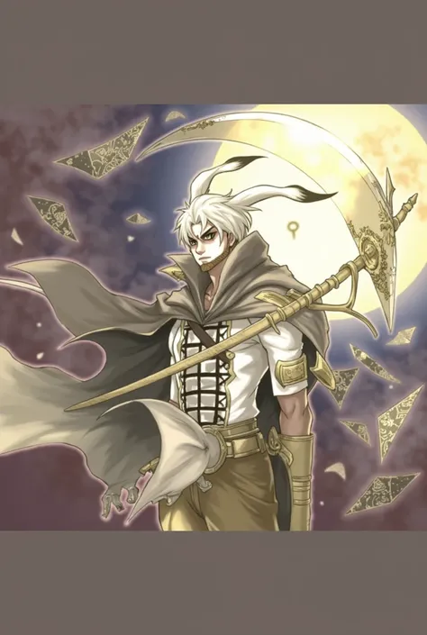 adult,man,anime,gray hair, sickle, glass sheet,take the key,standing,flying