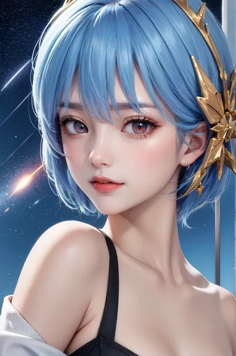 masterpiece, Best Quality, 8k, Detailed skin texture, Detailed cloth texture, Beautiful detailed face, Portrait of Rei Ayanami, Blue Hair, Face straight,Red eyes,Gold Hair Ornament,Red colored eyes，Light blue starry background,Shooting star in the sky,Smal...