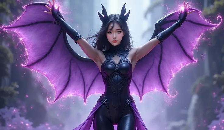 Korean white skin 1 girl wearing sleeveless black bat power Ranger costume raising her arms up summoning legendary blackish purplish aura with a bat hologram her eye balls glowing purple