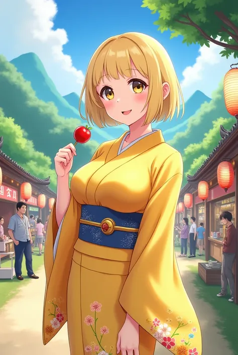 Moe art、Yellow yukata open、Big Breasts、valley、Yellow hair short、Candy apples、Summer Festival