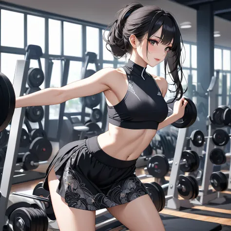 A young Japanese woman. In a short skirt and a very sensual top( intricate details), flowing black hair, makeup (intricate details).at the gym working out (intricate details). He&#39;s working out his legs (hyper-realistic, intricate details).her short ski...