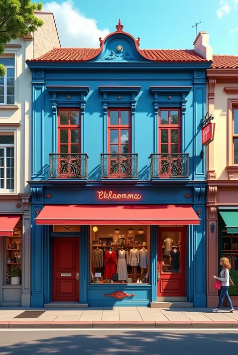 Image of a small clothing store, with a blue façade, red and white 