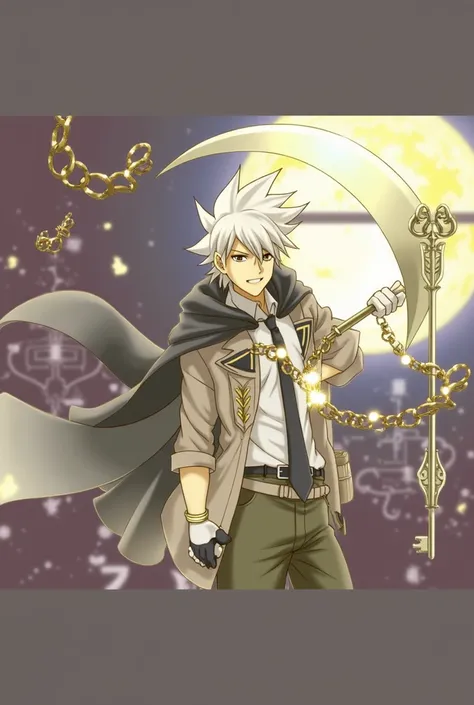 adult,Young,man,anime,gray hair, glass blade sickle,take the key,standing,