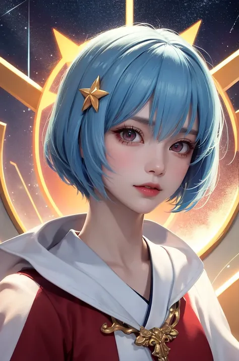 masterpiece, Best Quality, 8k, Detailed skin texture, Detailed cloth texture, Beautiful detailed face,  Portrait of Rei Ayanami, Blue Hair, Face straight,Red eyes,Gold Hair Ornament,Red colored eyes，Red Eye,Light blue starry background,Shooting star in the...