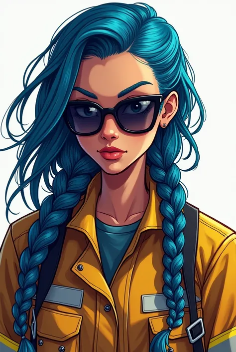 A young lady with blue braids and a firefighter&#39;s outfit and dark glasses 