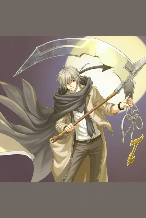 adult,Young,man,anime,gray hair, large glass blade sickle,take the key,standing,