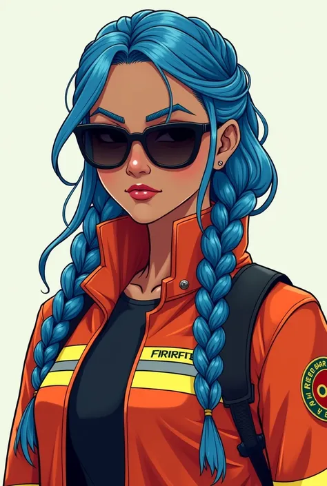 A young lady with blue braids and a firefighter&#39;s outfit and dark glasses 