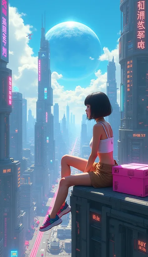 A futuristic city with a cyberpunk futuristic atmosphere is seen from above. A beautiful young woman with short bob hair sits on the edge of a building, looking out at the neon-lit city. She wears a crop top, brown shorts, and colorful sneakers. The city i...