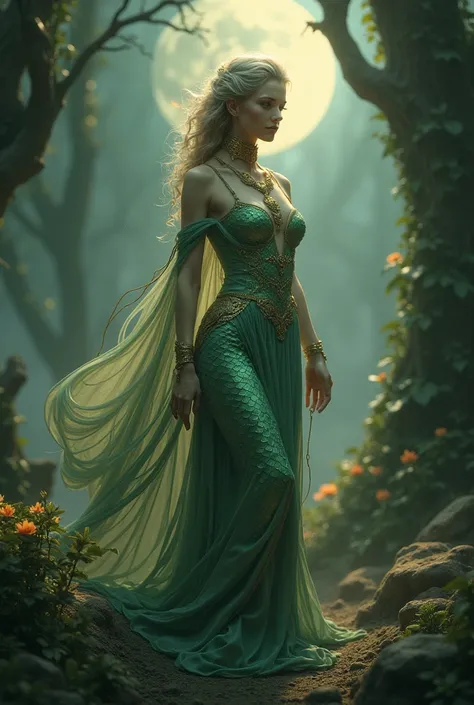 Depict a mystical figure, a woman with a half-human, half-serpent body. Her upper body is that of a beautiful woman, with graceful features, flowing hair, and adorned in ancient jewelry and silken garments. Her lower body gradually transitions into the for...