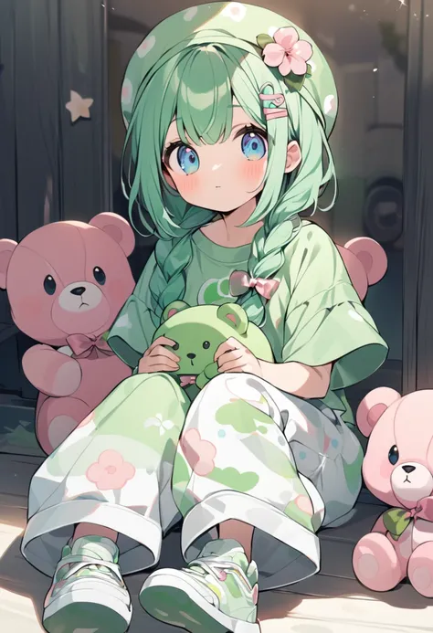 ((solo)) Girl, child. She has a pastel green hair, long braid, blue eyes, cute childish face. She wears a green big shirt printed ((print = love)) and white wide pants, with a black sneakers. She has a pink flower hair clip and uses a green teddy bear hat.