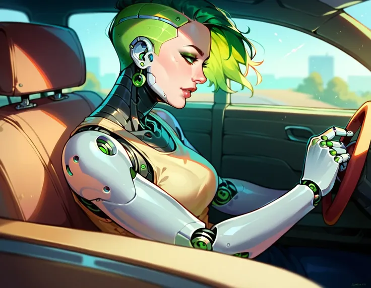 Green hair human face body robot driving a car,Robotic body,machine body,Cyborg