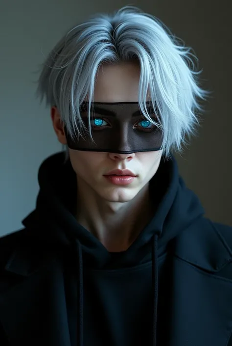 Silver hair with black mesh, male in his 20s, black and blue heterochromatic eyes, mostly black clothing