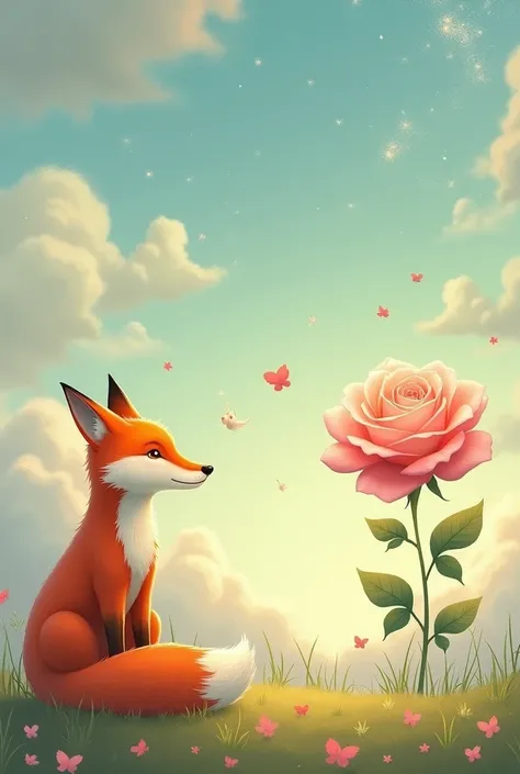 Une image inspirer du petit prince, au premier plan, avec le renard et la rose dans le fond