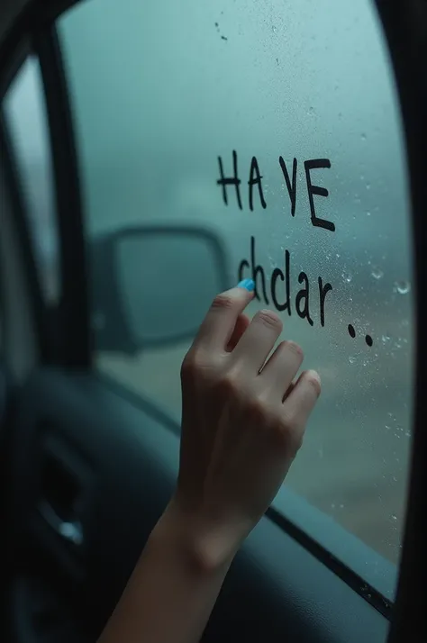 Tirada forum in a car with fogged windows , a female hand with blue nails writing on the glass a little sweaty writing carefully on the side window image as if it had been taken by the screen of a cell phone