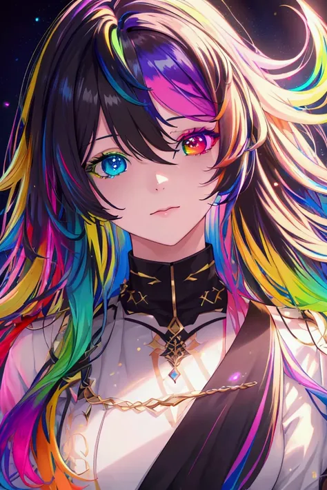 {{masterpiece}}, best quality, extremely detailed CG unity 8k wallpaper, cinematic lighting, lens flare, beautiful detail eyes, black,  side glance,  multicolor hair, colorful light, particles, heterochromia, (colorful:1.5), (colorful hair:1.5), 