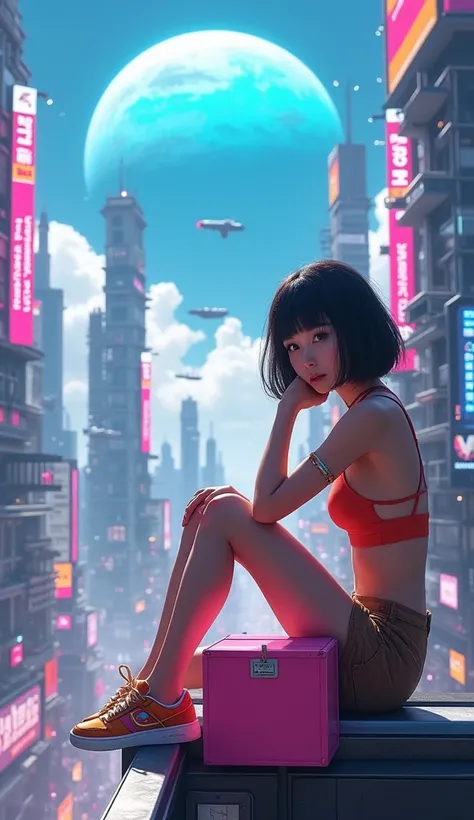 A futuristic city with a cyberpunk futuristic atmosphere is seen from above. A beautiful young woman with short bob hair sits on the edge of a building, looking at the camera. Behind her is a neon-lit city. She wears a crop top, brown shorts, and colorful ...