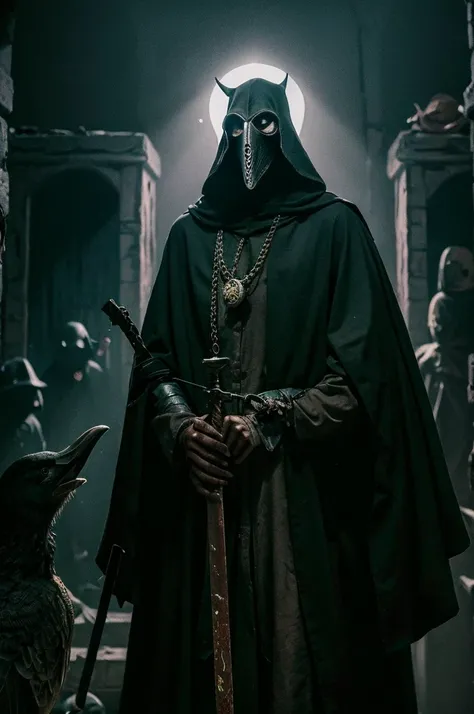 A plague doctor in a creepy bird plague mask stands in the dark holding a sword。Horror。Murderous mood。